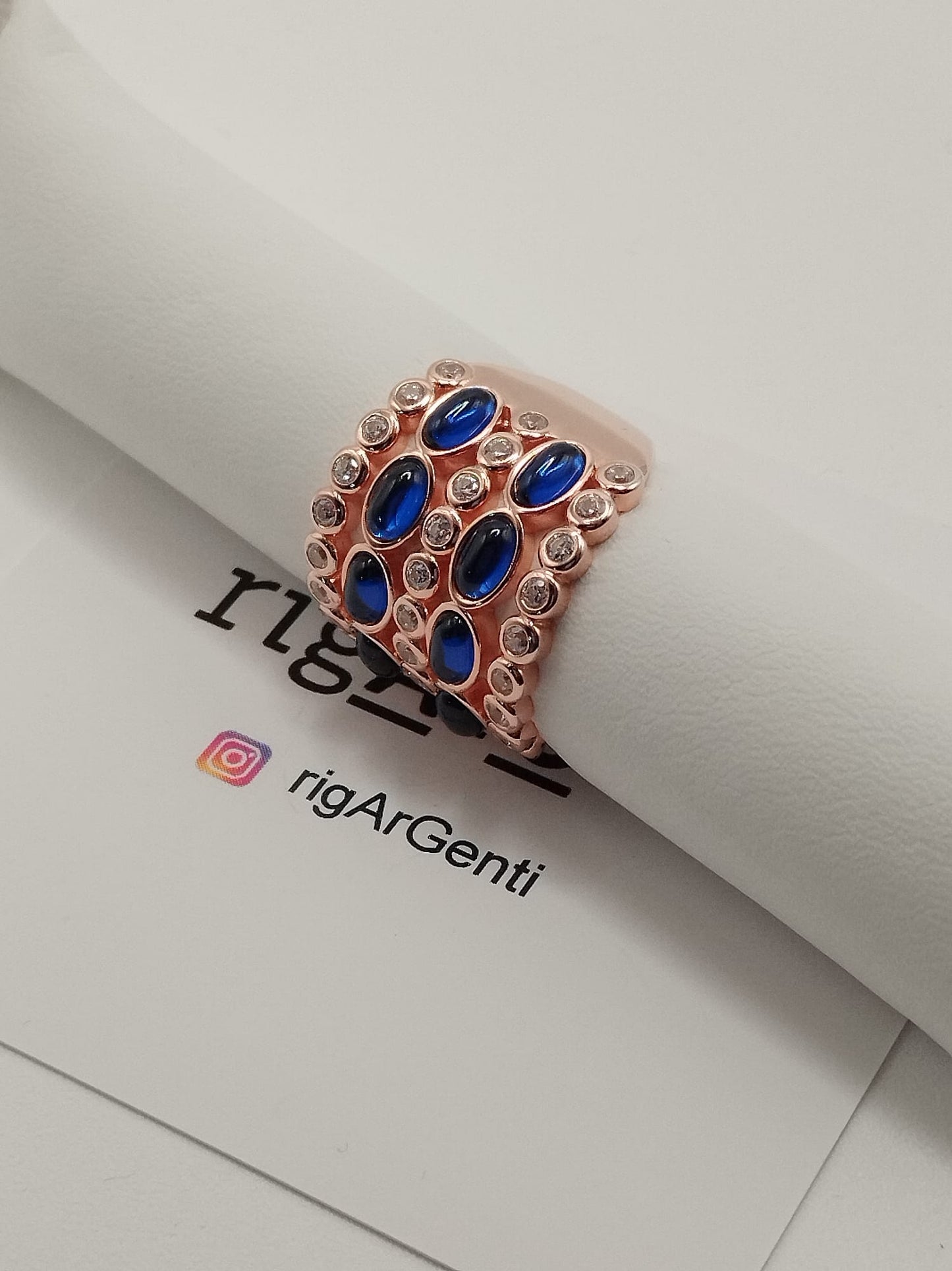 Anello Donna in Argento e zirconi bianchi e blu, misura 52 regolabile