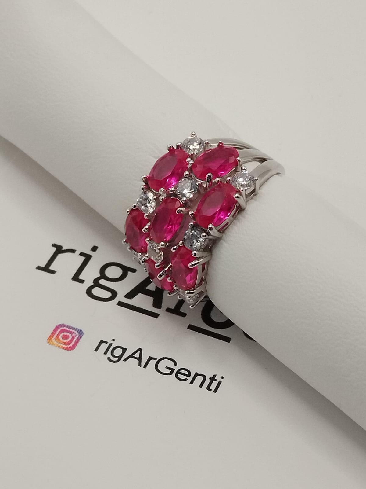 Anello Donna In Argento con tre file di zirconi bianchi e rossi - misura 56 regolabile