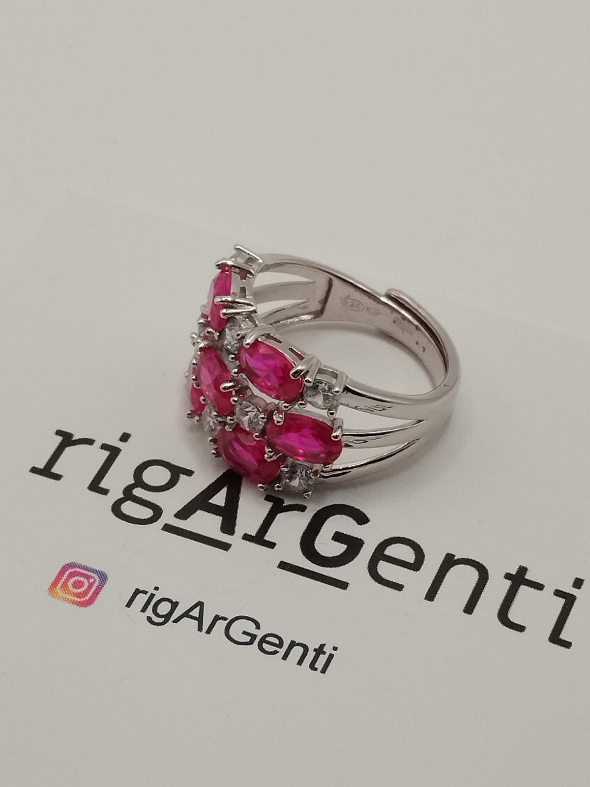Anello Donna In Argento con tre file di zirconi bianchi e rossi - misura 56 regolabile