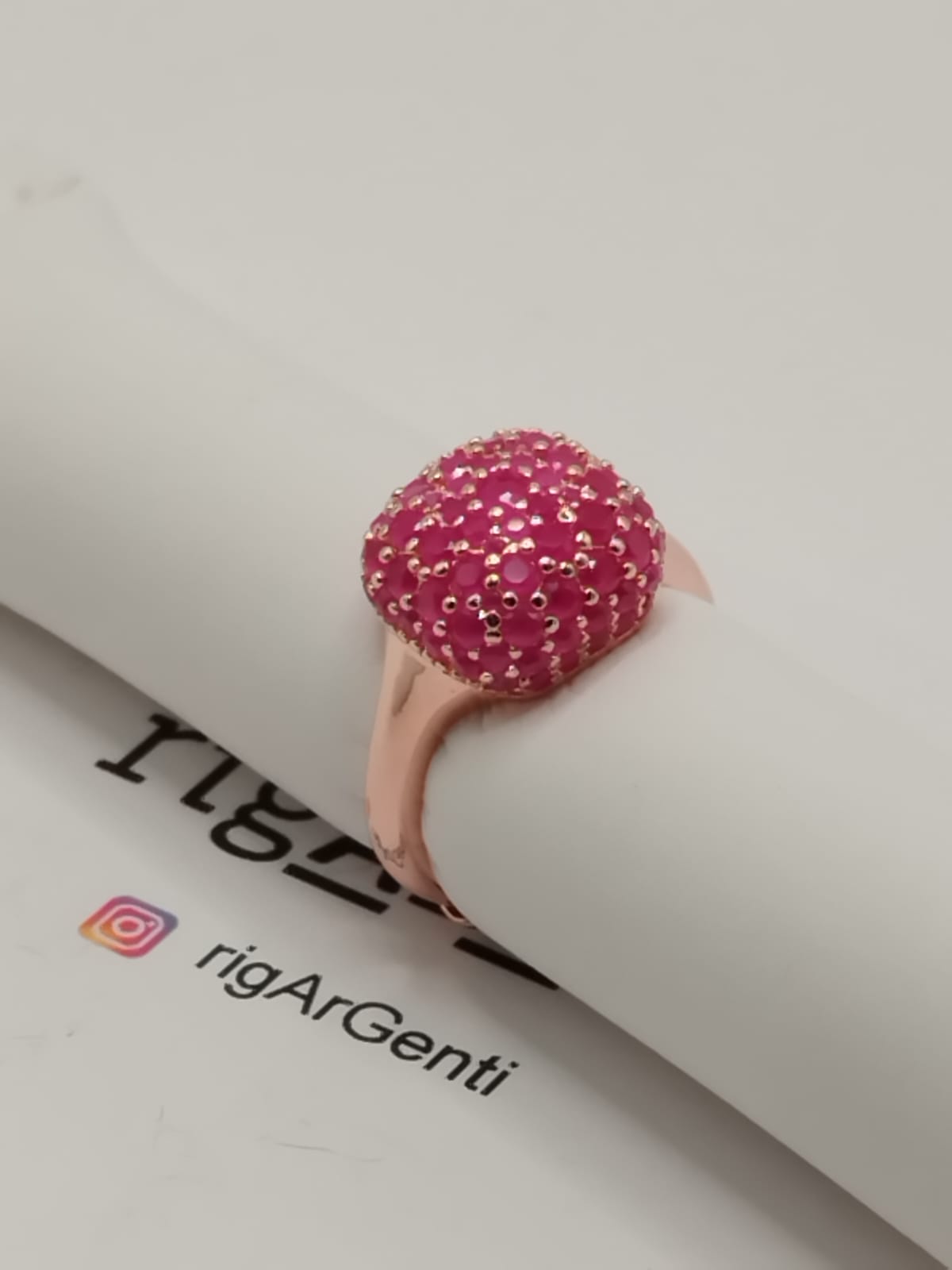 Anello Donna in Argento quadrato e zirconi rosa - misura 52 regolabile