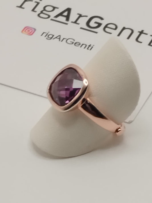 Anello Donna in Argento 925 rosato con zircone Viola - misura 52 regolabile