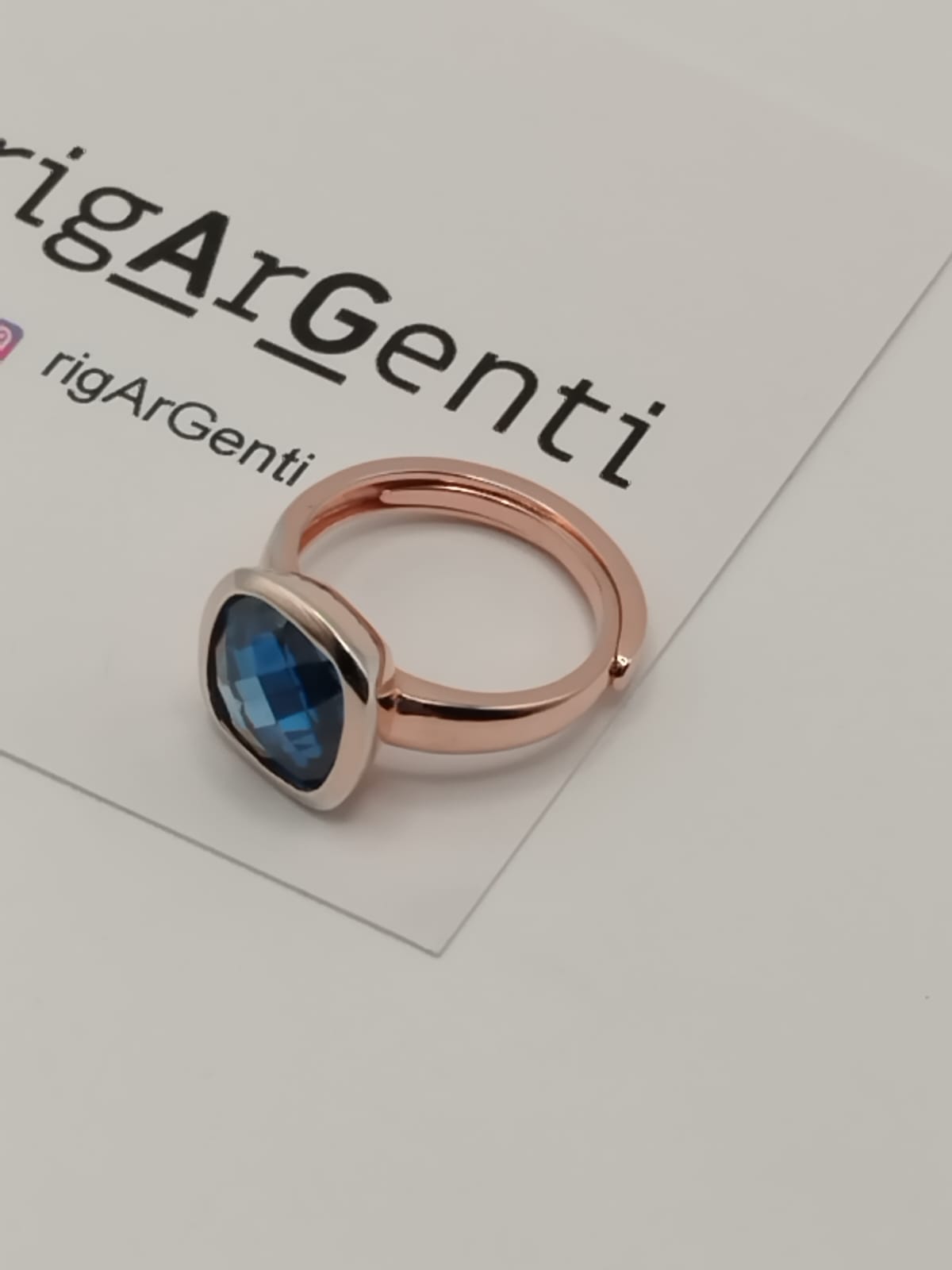 Anello Donna in Argento 925 rosato con zircone Blu - misura 52 regolabile