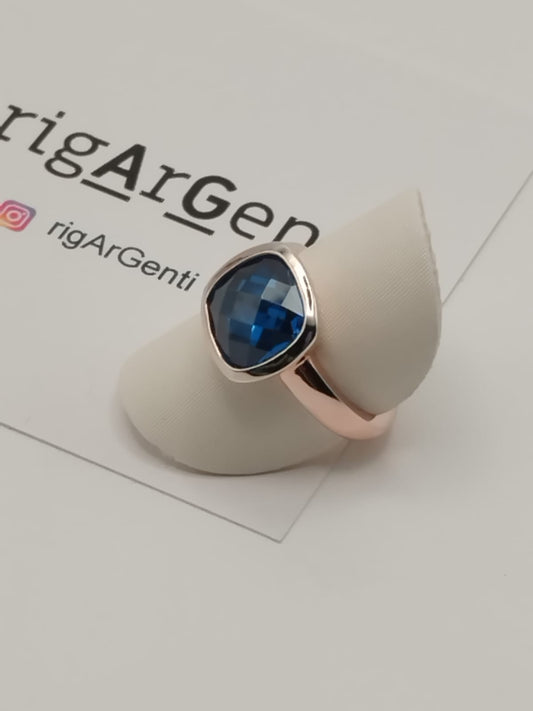 Anello Donna in Argento 925 rosato con zircone Blu - misura 52 regolabile