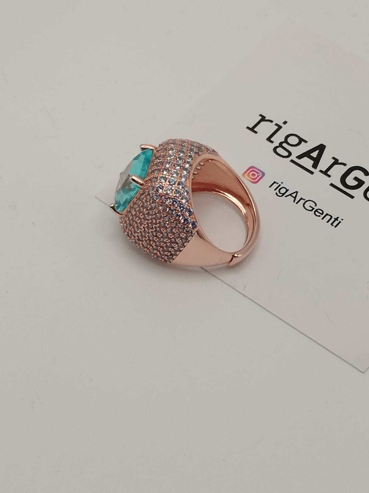 Anello in Argento 925 con zircone centrale Acquarine e pavè di zirconi Azzurri - misura 52 regolabile