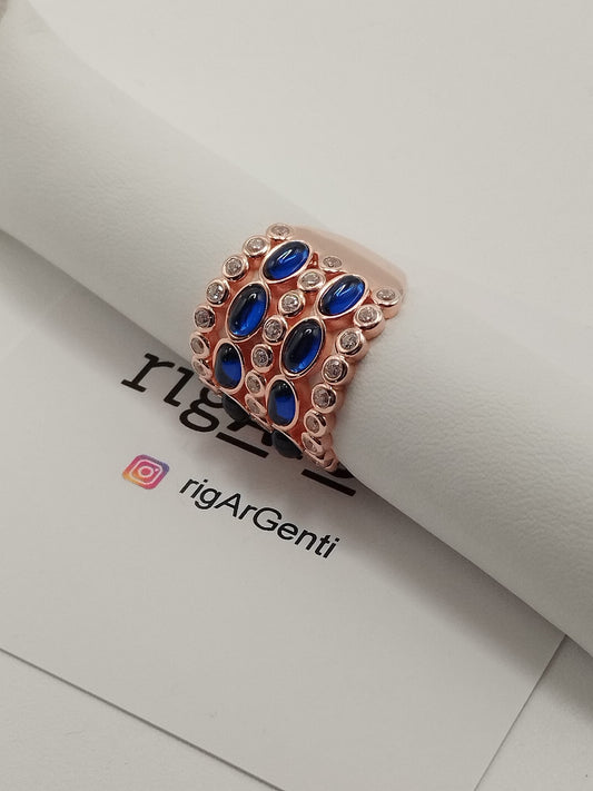 Anello Donna in Argento e zirconi bianchi e blu, misura 52 regolabile
