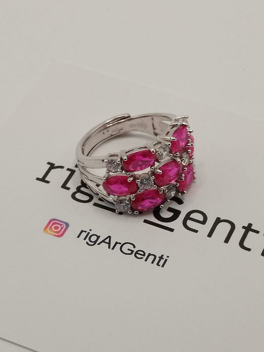 Anello Donna In Argento con tre file di zirconi bianchi e rossi - misura 56 regolabile