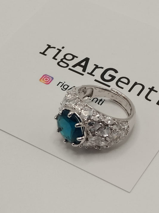 Anello in Argento 925 con zirconi laterali bianchi e centrale blu, misura 52 regolabile