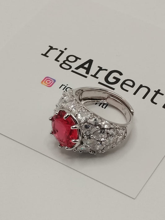 Anello in Argento 925 con zirconi laterali bianchi e centrale rosso, misura 52 regolabile