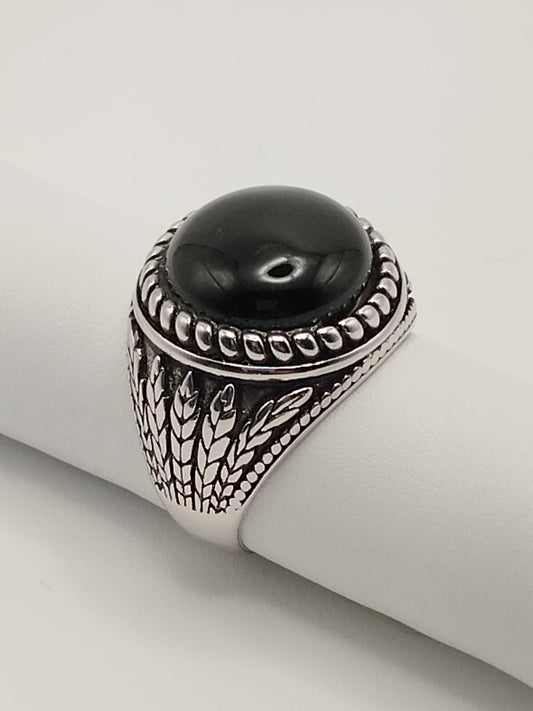 Anello Uomo in Argento 925 con Zircone Nero – motivo Spighe di Grano - misura 63
