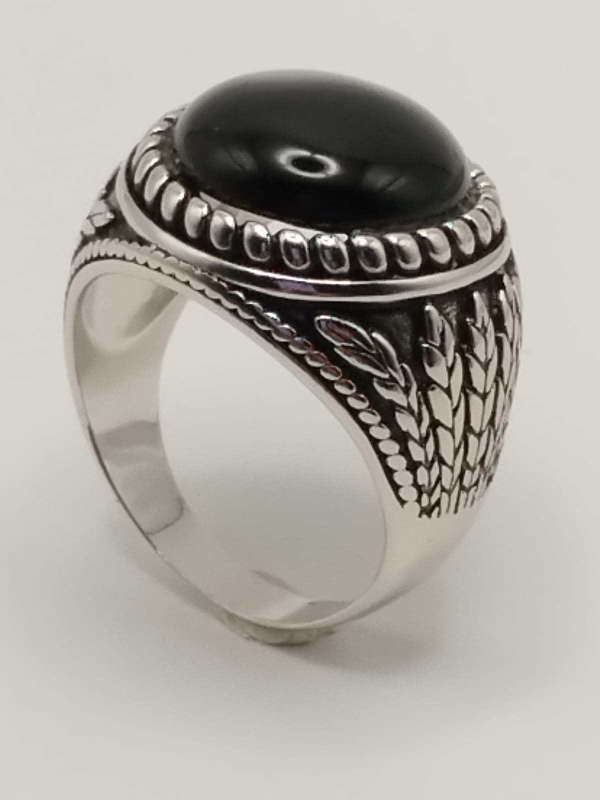 Anello Uomo in Argento 925 con Zircone Nero – motivo Spighe di Grano - misura 63