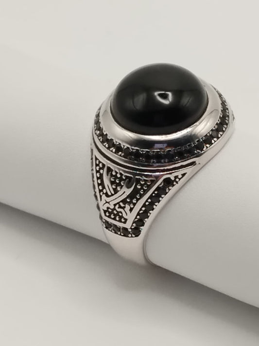 Anello Uomo in Argento 925 con Zircone Nero – motivo due Spade - misura 63