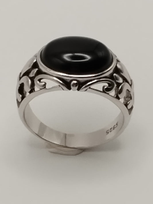 Anello Uomo in Argento 925 con Zircone ovale Nero – motivo Giglio - misura 63