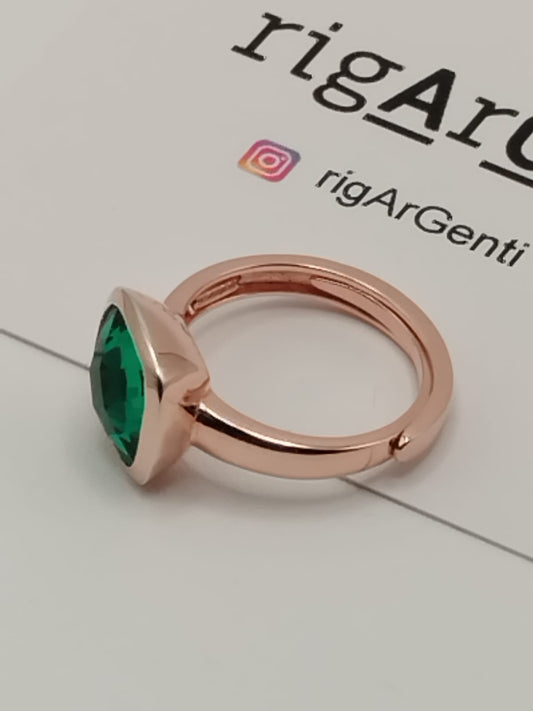 Anello Donna in Argento 925 rosato con zircone  Verde - misura 52 regolabile