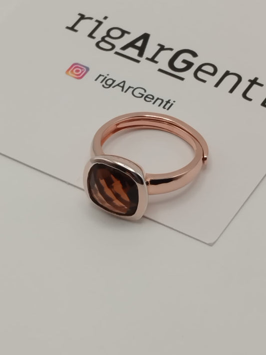 Anello Donna in Argento 925 rosato con zircone  Marrone - misura 52 regolabile