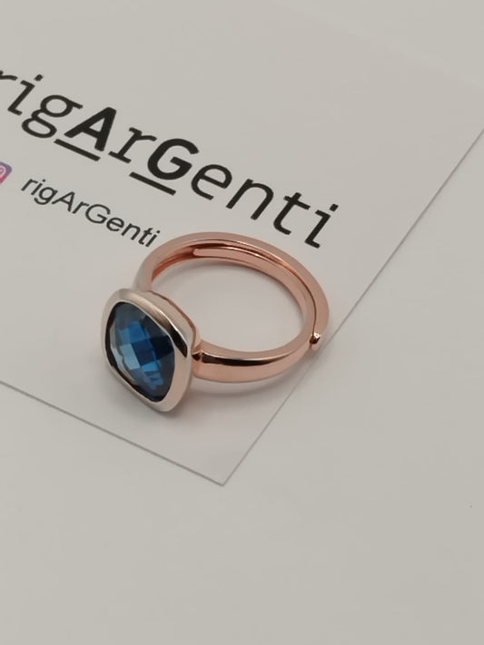 Anello Donna in Argento 925 rosato con zircone  Blu - misura 52 regolabile