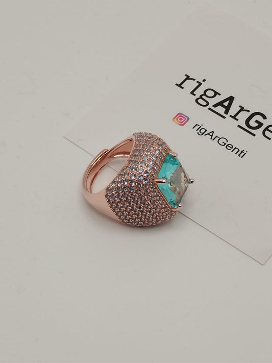 Anello in Argento 925 con zircone centrale Acquarine e pavè di zirconi Azzurri - misura 52 regolabile